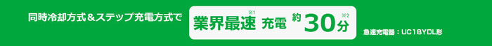 同時冷却方式&ステップ充電方式で業界最速充電時間、約30分 同時冷却方式&ステップ充電方式で業界最速充電時間、約30分